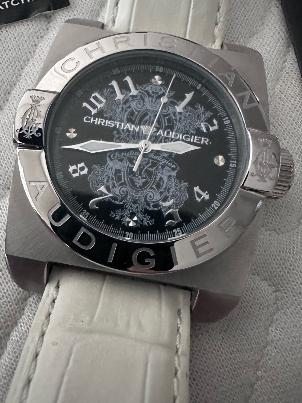 Vintage Christian Audigier Silver-Tone Case Black Dial White Leather Strap RARE